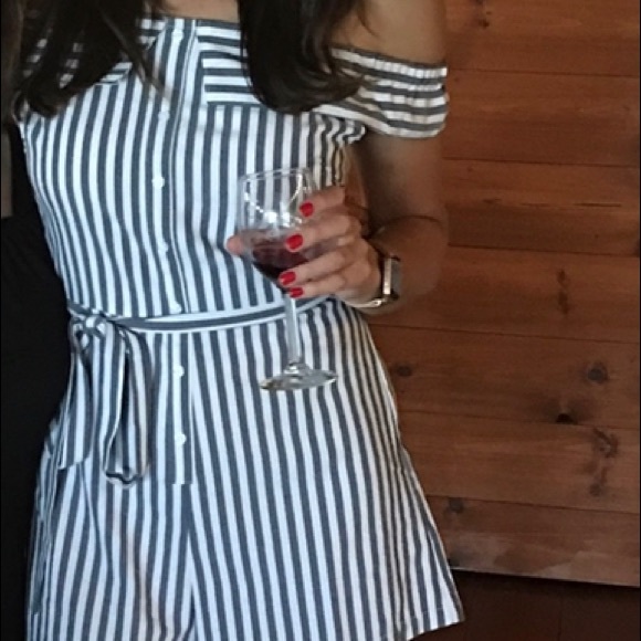 Blue & White Striped Off Shoulder Romper, L - Picture 6 of 6
